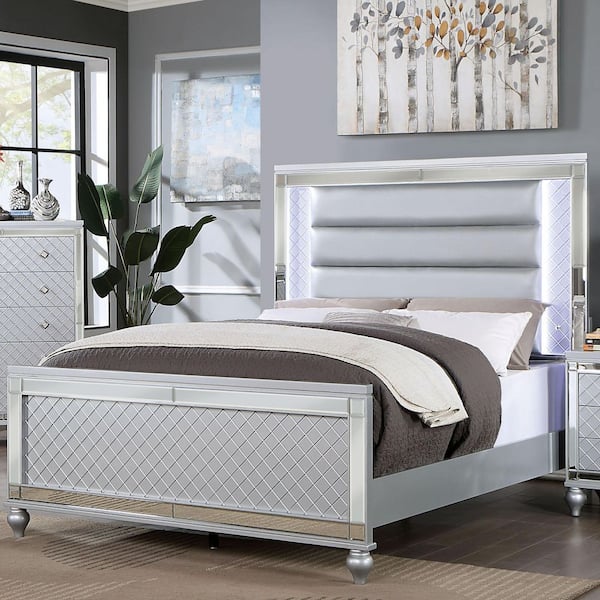 Furniture of America Seboya Silver Queen Panel Bed with LED Light and Care Kit