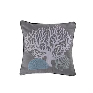 Siesta Teal, Blue, Grey, and White Coral, Seashells Embroidered 20 in. x 20 in. Throw Pillow