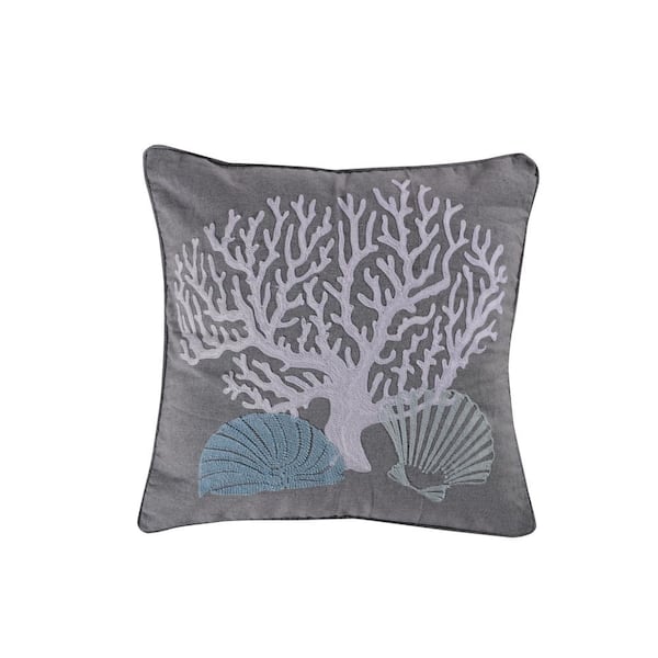LEVTEX HOME Siesta Teal, Blue, Grey, and White Coral, Seashells Embroidered 20 in. x 20 in. Throw Pillow