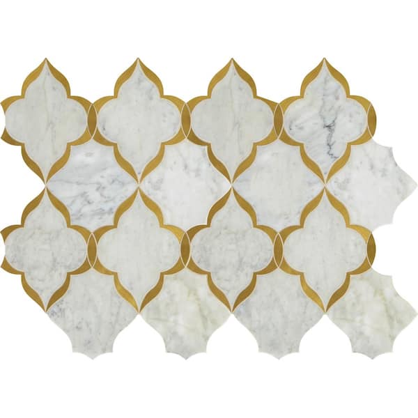 Daltile Lavaliere Carrara White 9 in. x 13 in. Marble with Brass Kapali Mosaic (8.4 sq. ft./Case)