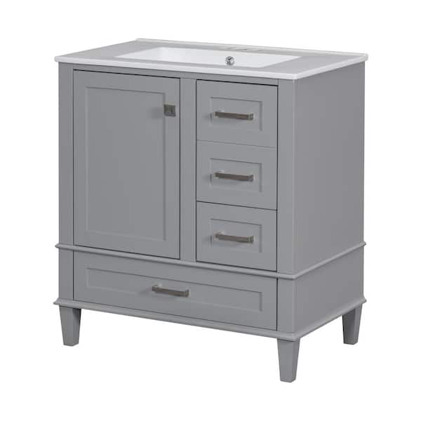 Polibi 30 in. W x 18 in. D x 34 in. H Bath Vanity in Gray with Soft Closing Door, Solid Wood Frame and 3-Drawers