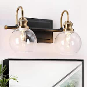 14.5 in. 2-Light Brass Gold Bathroom Vanity Light, Globe Clear Glass Bath Lighting, Black Modern Wall Sconce