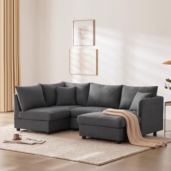 89 in. Straight Arm 5 Seat L-Shape Fabric Sectional Sofa in Dark Gray with Vertical Stripes, 2 Pillows Removable Ottoman
