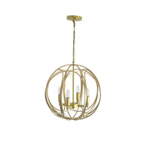 17.7 in. 4-Light Golden Spherical Cage Pendant Light with Adjustable Chain