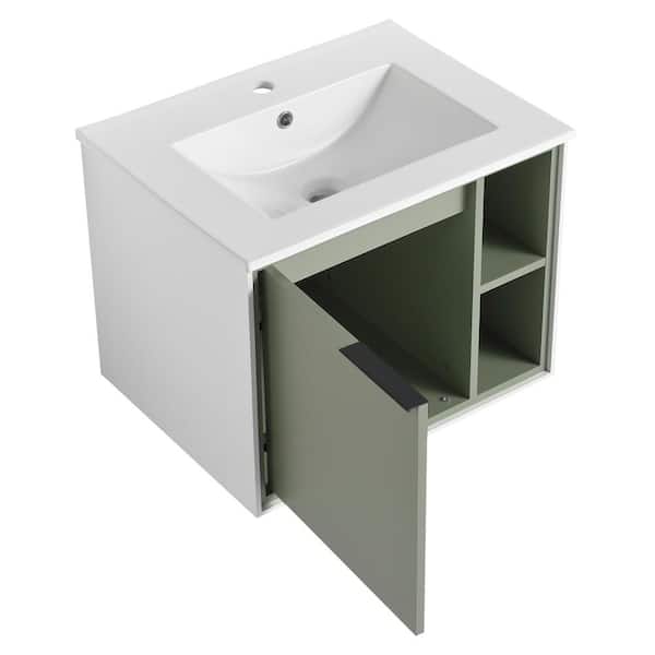 Cesicia 24 in. W x 18.3 in. D x 18.5 in. H Single Sink Floating Bathroom Vanity in Green w/White Ceramic Top and Soft-Close Door