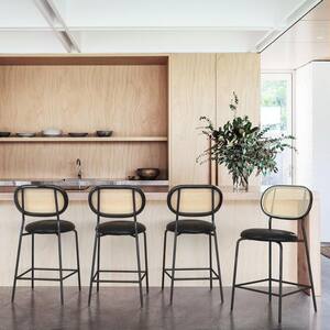 24 in. Black Rattan Counter Height Bar Stools with Faux Leather Seat (Set of 4)