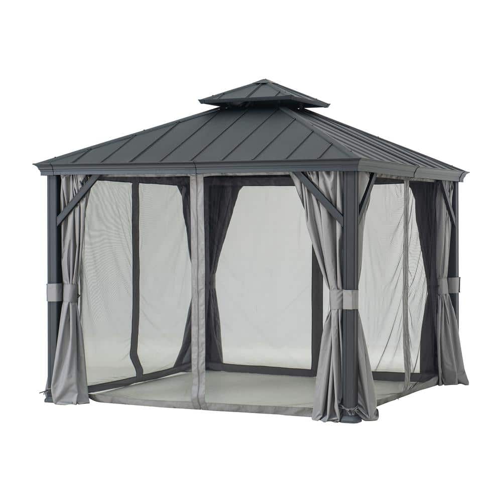 Sunjoy 10 ft. x 10 ft. Black Aluminum Frame Gazebo with Gray Curtains