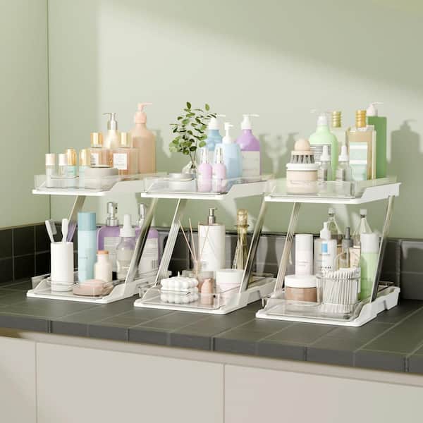 3 Pack Aluminum Bathroom Sink Accessory Set 2-Tier Clear Pull Out Organizer for Under Sink Kitchen Cabinet