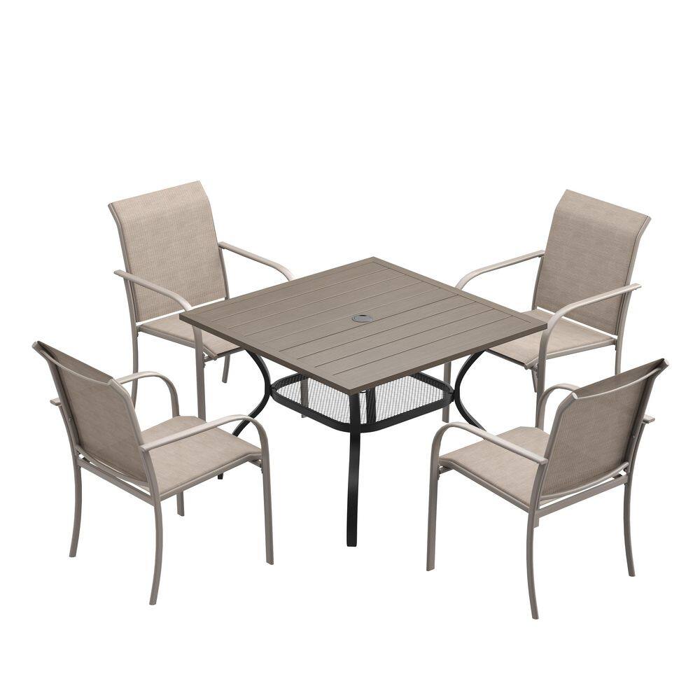 5-Piece Patio Dining Set with Grey Wood-Like Square Table, Curved Legs, Umbrella Hole and 4-Sandshell Dining Chairs price history on PriceWatchPro