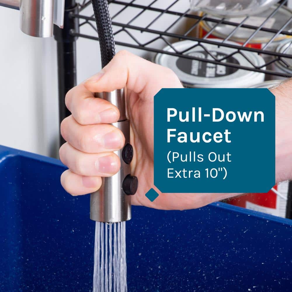 Blue Freestanding Utility Sink with Black High-Arc Faucet