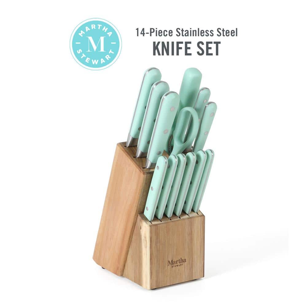 Martha Blue 14-Piece Stainless Steel Knife Block Set with Acacia Wood Block