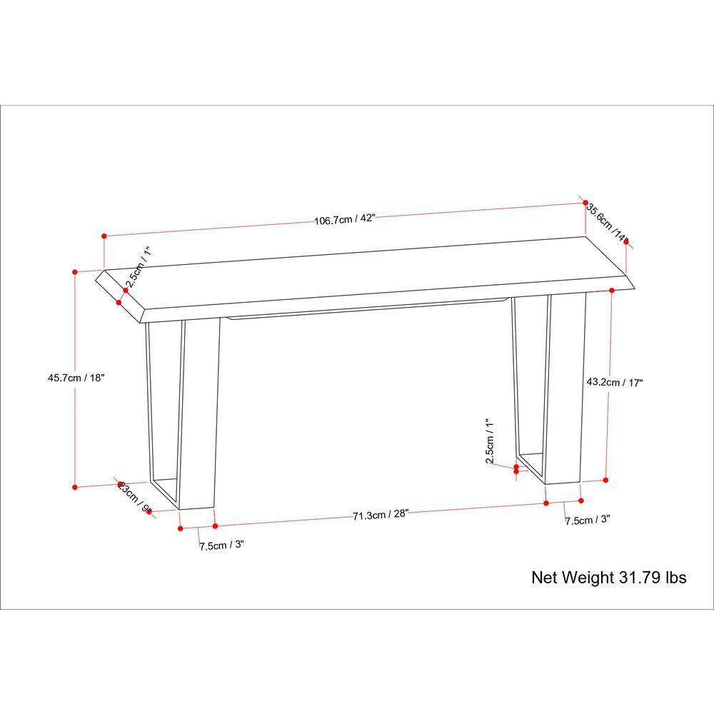 Cognac Contemporary Slimline Storage Bench in Solid Mango Wood