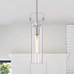 1-Light Brushed Nickel Mini Pendant Light with Clear Cylindrical Glass Shade