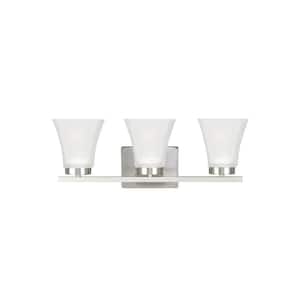 Bayfield 20 in. 3-Light Brushed Nickel Contemporary Wall Bathroom Vanity Light with Satin Etched Glass Shades