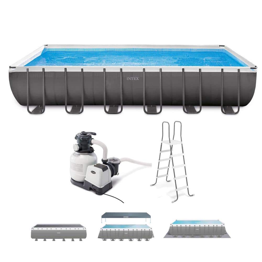Intex 24ft Gray Rectangular Above Ground Pool Set with Pump and Floats
