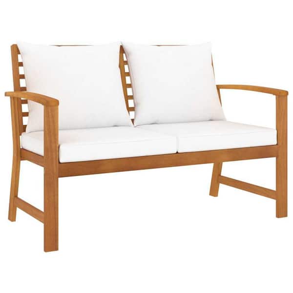 TIRAMISUBEST 2-Person Brown Wood Outdoor Garden Bench with Beige Cushions