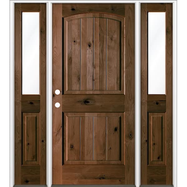58 in. x 80 in. Knotty Alder Arch Top Right-Hand/Inswing Clear Glass BEHR Espresso Stain Wood Prehung Front Door w/ DHSL