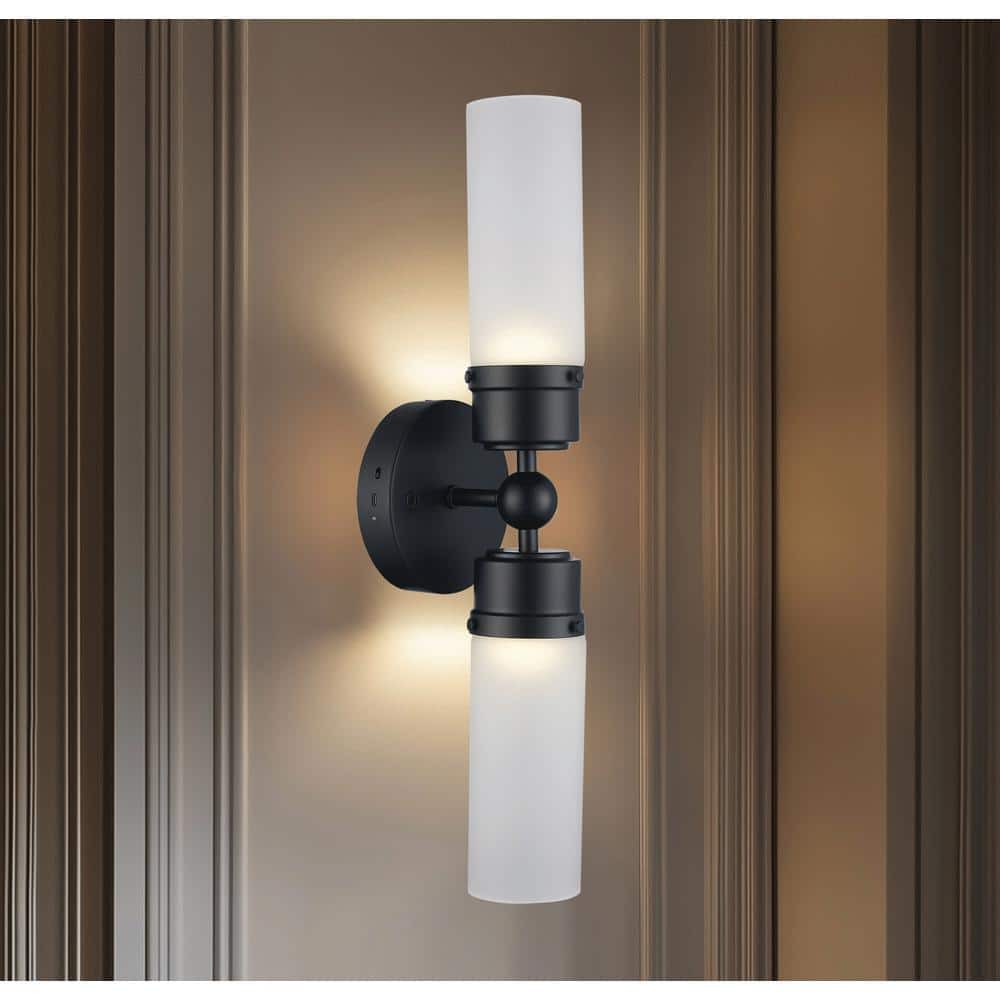 20.63 in. 2-Light Black LED Rechargeable Battery Operated Wall Sconce with Frosted Glass Shades, Remote Included price history on PriceWatchPro