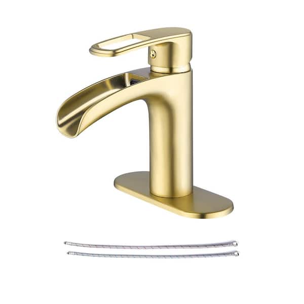 RAINLEX Single-Handle Waterfall Spout Single-Hole Bathroom Faucet with Deckplate and Supply Line in Brushed Gold