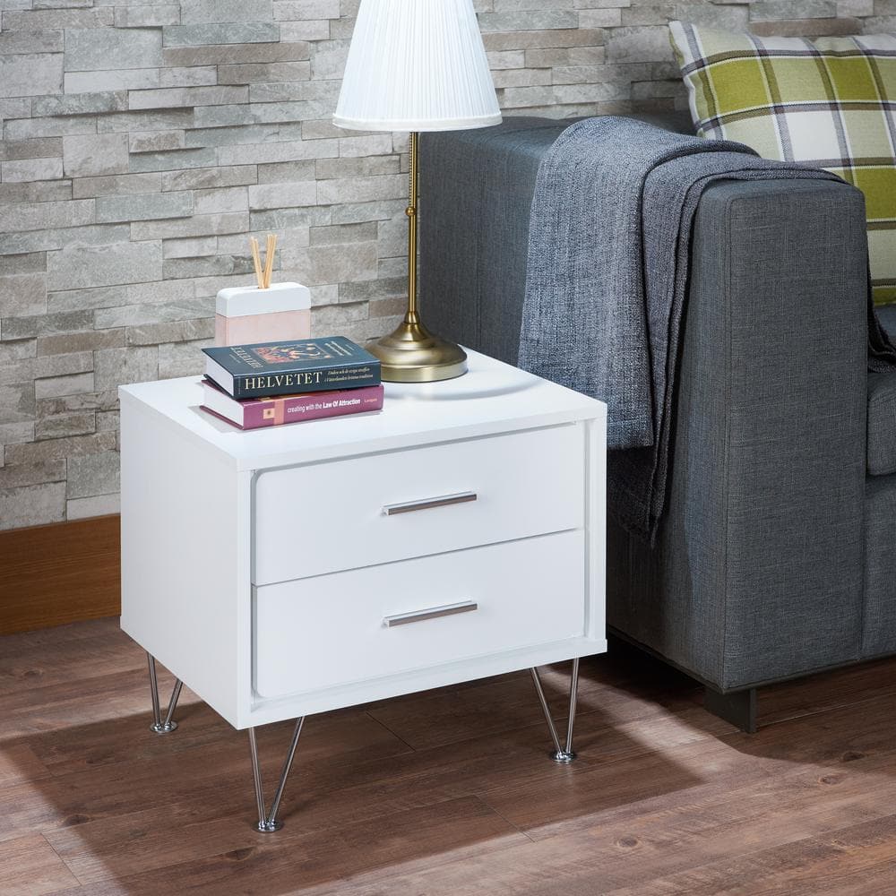 White and Chrome 2-Drawer Nightstand with V-Shaped Metal Legs