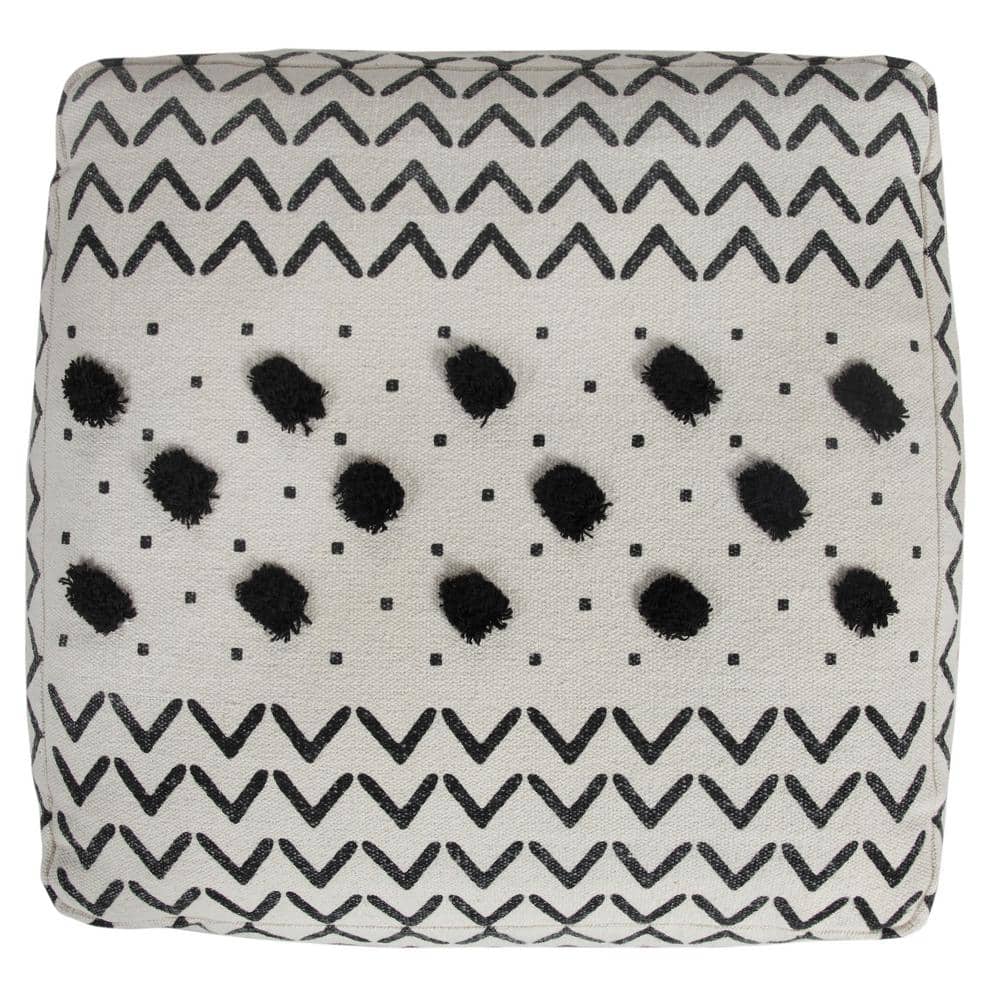 White and Black Geometric Tufted Cotton Square Pouf Ottoman