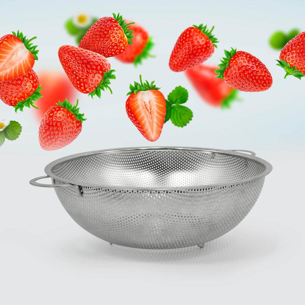 10-inch Silver Stainless Steel Perforated Colander with Handles