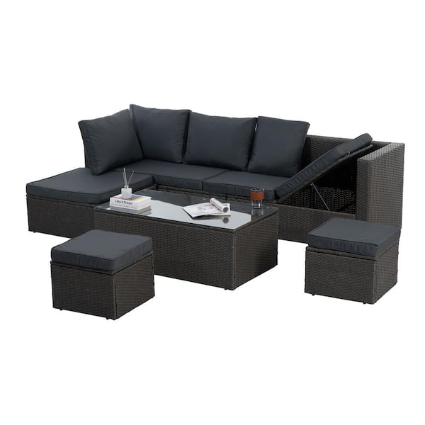 Zeus & Ruta 7-Piece Wicker Outdoor Sectional Set with Gray Cushions and CoffeeTable for Patio, Lawn, Backyard
