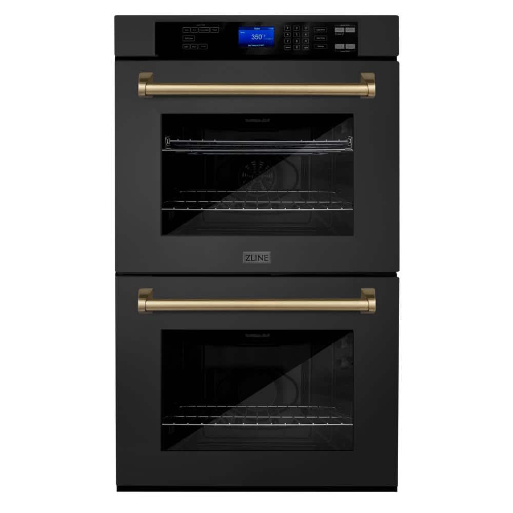 ZLINE Kitchen and Bath Autograph Edition 30 in. Double Electric Wall Oven with Champagne Bronze Handle in Black Stainless Steel, Black Stainless Steel & Champagne Bronze
