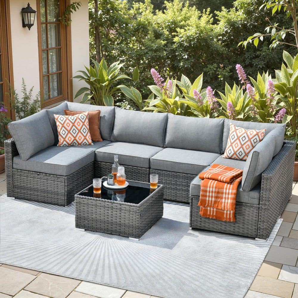 Sanibel Gray 7-Piece Wicker Outdoor Patio Conversation Sofa Sectional Set with Dark Gray Cushions price history on PriceWatchPro
