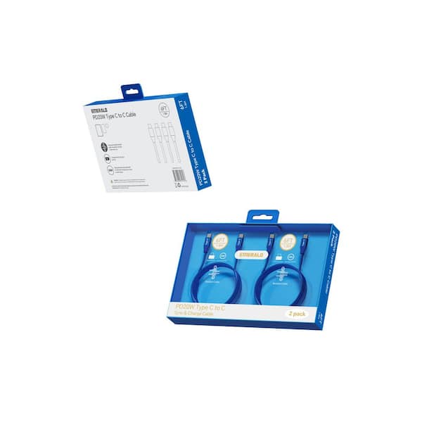 Emerald 6Ft Type C to Type C 20W Braided Charging Cable Blue (2 Pack)