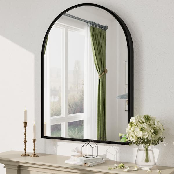 44 in. W x 32 in. H Arched Aluminum Alloy Framed French Cleat Mounted Wall Decor Bathroom Vanity Mirror in Matte Black