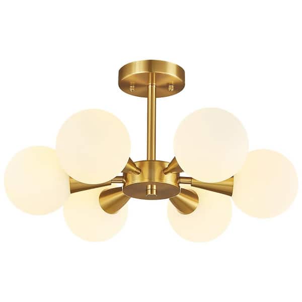 Home Lighting 40w 6Light 20. 86 in. Modern Gold Glass Semi-Recessed Chandelier Light-For Bedroom & Living Room