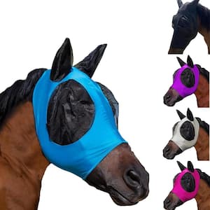 Horse Fly Mask with Ears - Equine Sunscreen Lycra Quiet Ride Elasticity Fly Mask with Ear Protection in Blue