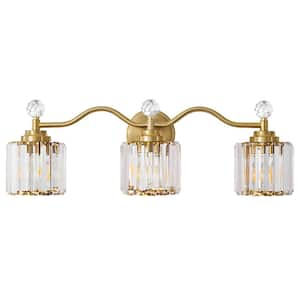 Modern Luxury 26 in. 3-Light Gold Vanity Light with Crystal Shade for Bathroom