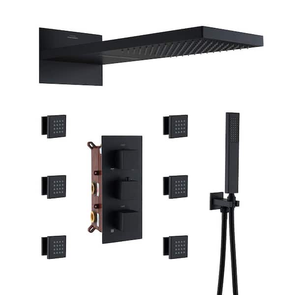 Mondawe Anniston Multiple 8-Spray Patterns Dual 22 in. Wall Mount Rain Shower Heads with 2.5 GPM 6-Jet, Valve in Matte Black