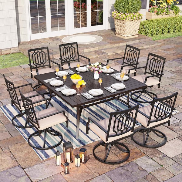 PHI VILLA 9-Piece Metal Square Outdoor Dining Set with Table and Fashion Swivel Chairs with Beige Cushions