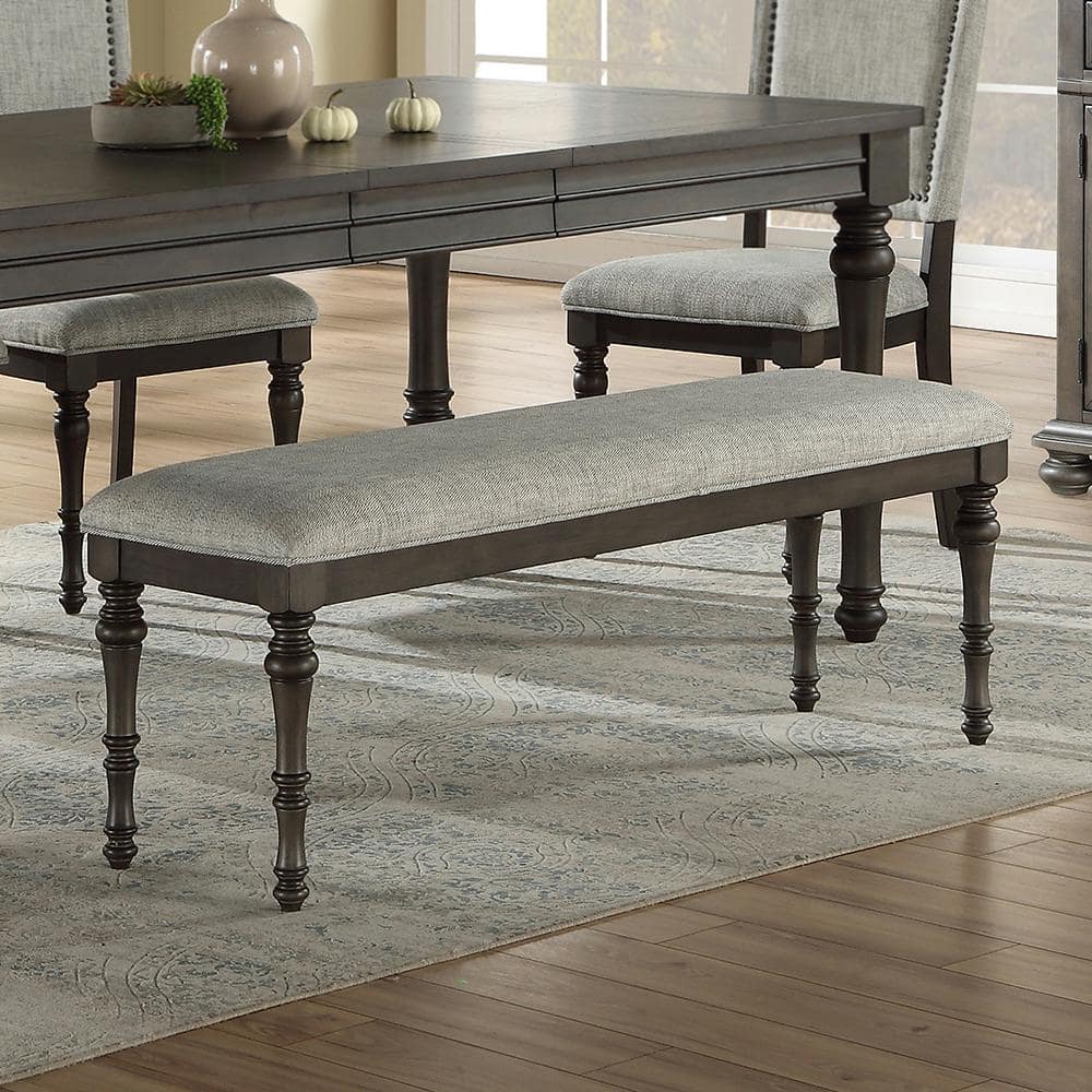 Transitional Linnett 54" Upholstered Bench in Gray Linen