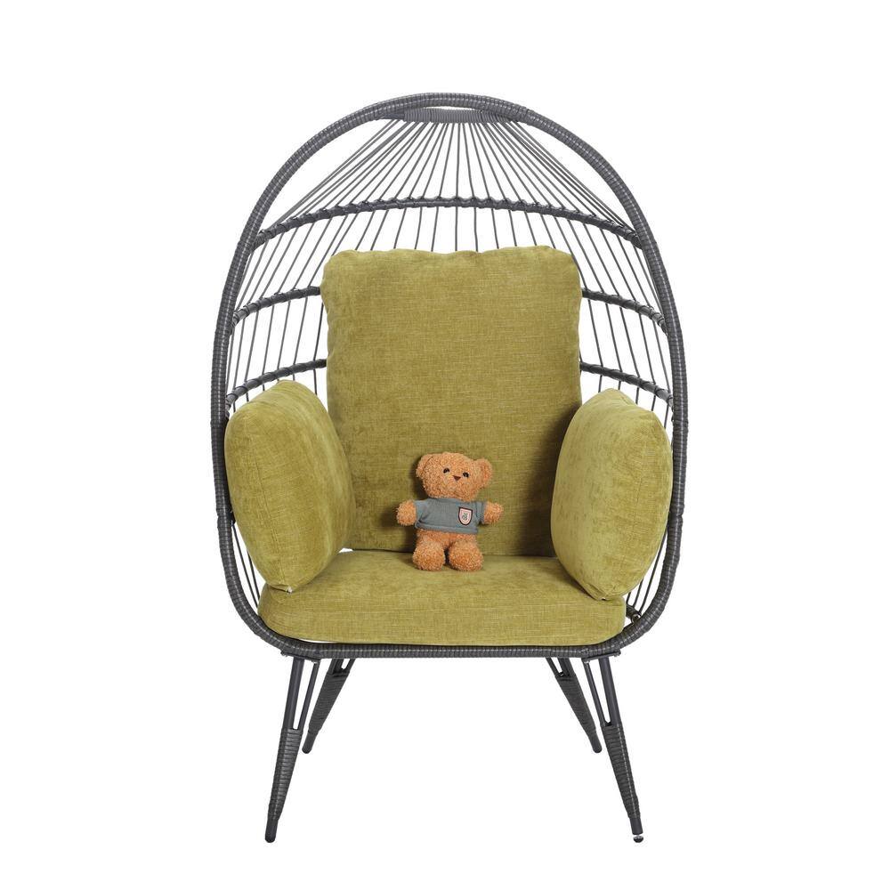 Wicker Outdoor Lounge Chair Oversized Egg Chair with Stand Olive Green Cush