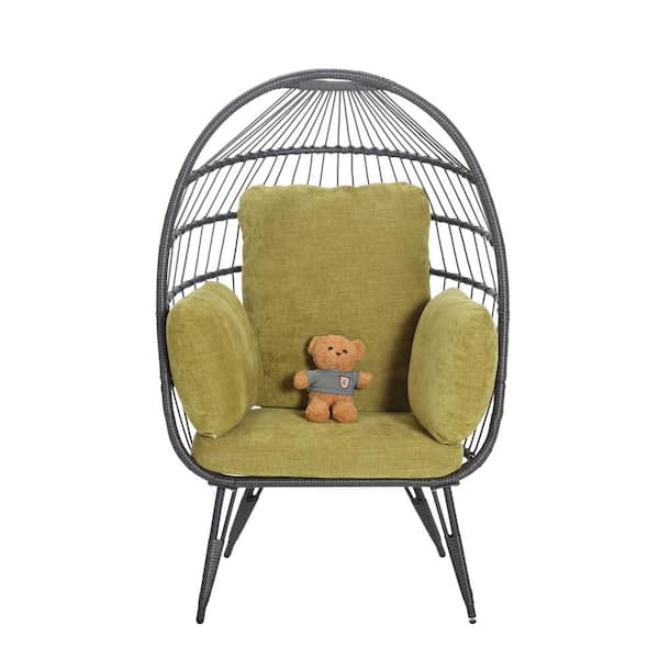 Unbranded Wicker Outdoor Lounge Chair Oversized Egg Chair with Stand Olive Green Cushion Egg Basket Chair for Patio Garden