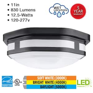 11 in. Octagon Black Indoor Outdoor LED Flush Mount 830 Lumens Wet Rated Adjustable CCT 3000K 4000K 5000K
