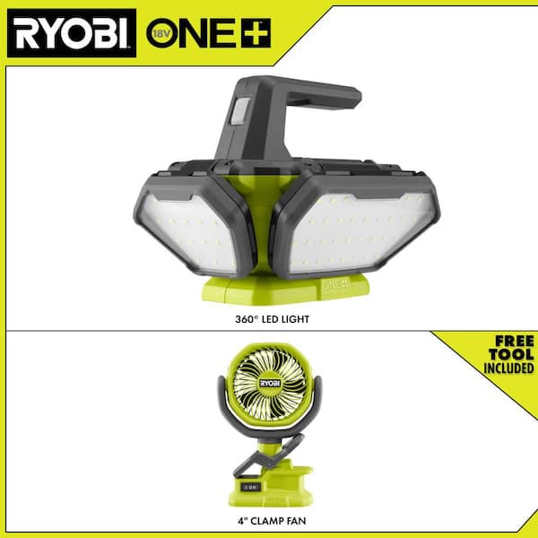 ONE+ 18V Cordless 360° Light with ONE+ 18V Cordless 4 in. Clamp Fan (Tools Only)