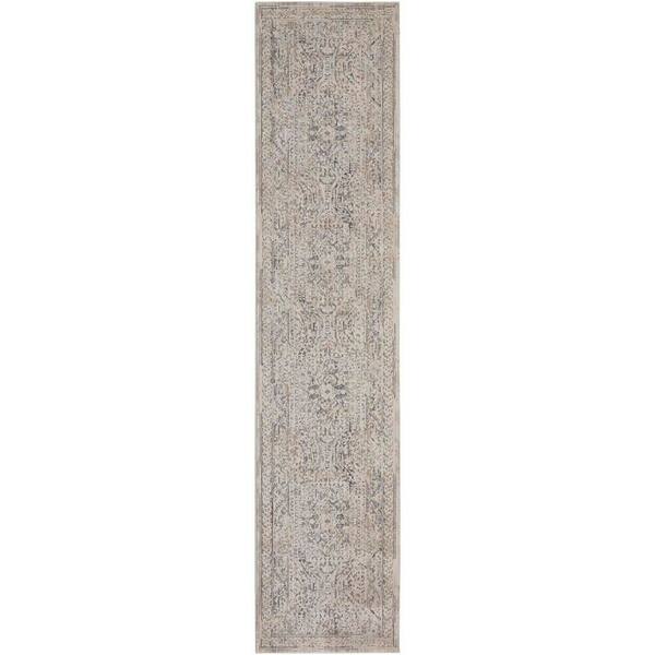 Nourison Lynx Ivory/Grey/Blue 2 ft. x 12 ft. Center Medallion Traditional Runner Area Rug