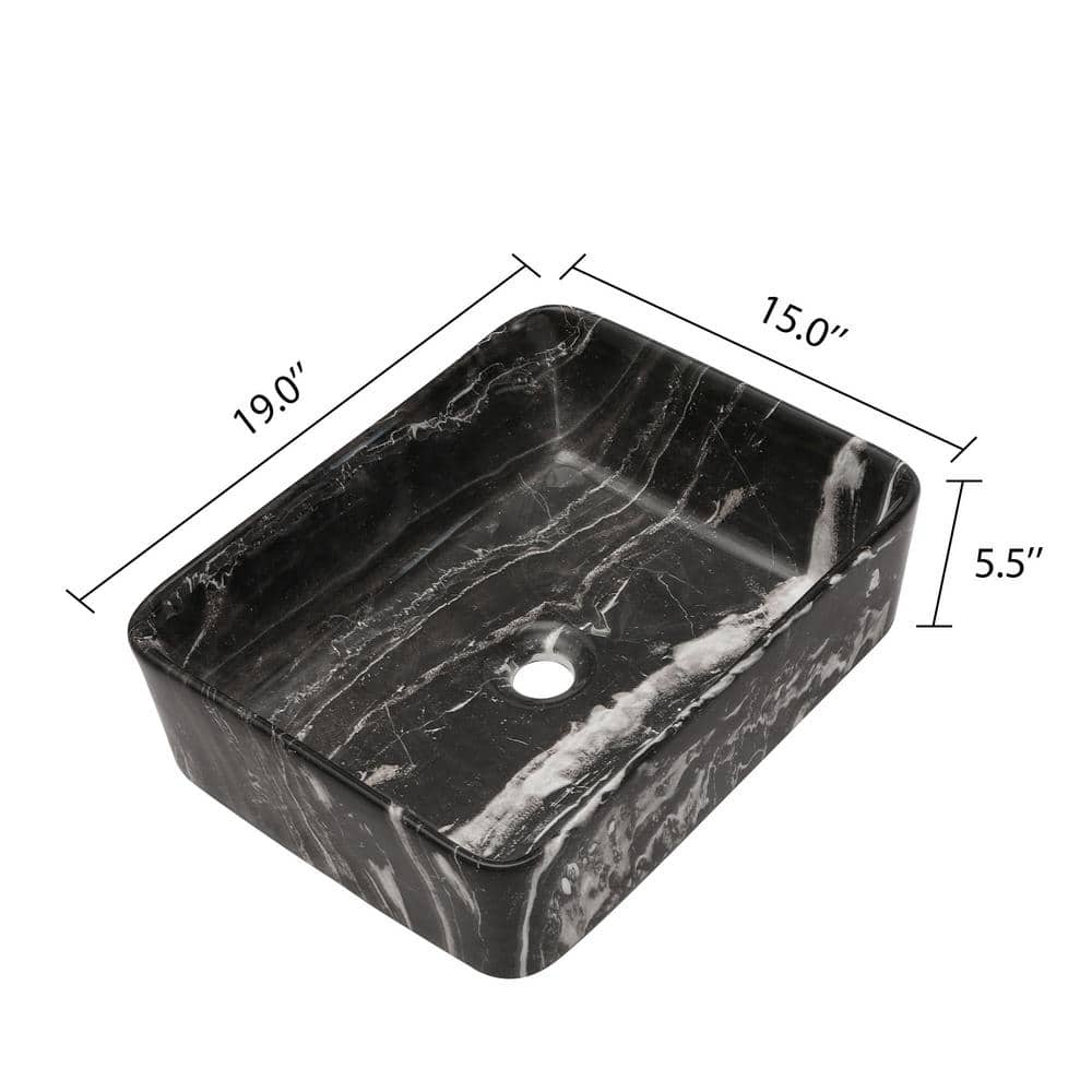 Black and Gray Marble Ceramic Rectangular Vessel Sink