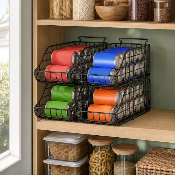 4-Pack Stackable Canned Food Organizer with Handles for Pantry Shelves, Can Storage, Foldable Wire Cabinet Shelf, Black