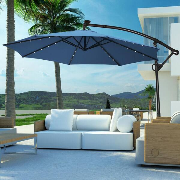 WELLFOR 10 ft. Aluminum Cantilever Solar Tilt Patio Umbrella in Blue with LED  Lights and Stand HWY-#OP70282BL - The Home Depot