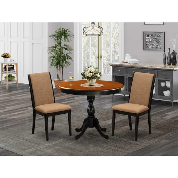 East West Furniture 3-Piece Black and Cherry Finish Solid Wood Top - Dining Room Set with High Back - Seats-4