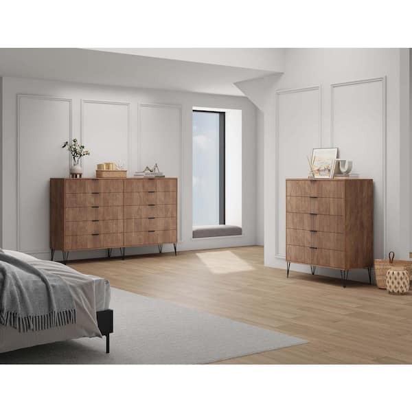 Manhattan Comfort DUMBO Golden Brown 5-Drawer 35.19 in. Dresser and 10-Drawer 69.68 in. Double Dresser with SNAP Tool-Free Assembly