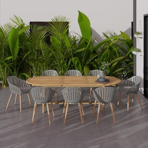 Canton 9-Piece Teak Oval Outdoor Dining Set in Gray