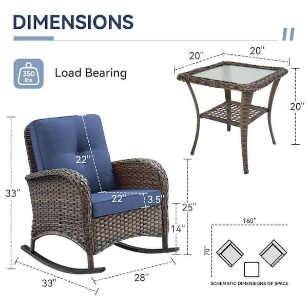 Brown 3-Piece Wicker Outdoor Rocking Chair with Blue Cushions and Side Table