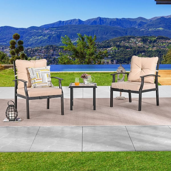 3-Piece Metal Patio Conversation Set with Beige Cushions